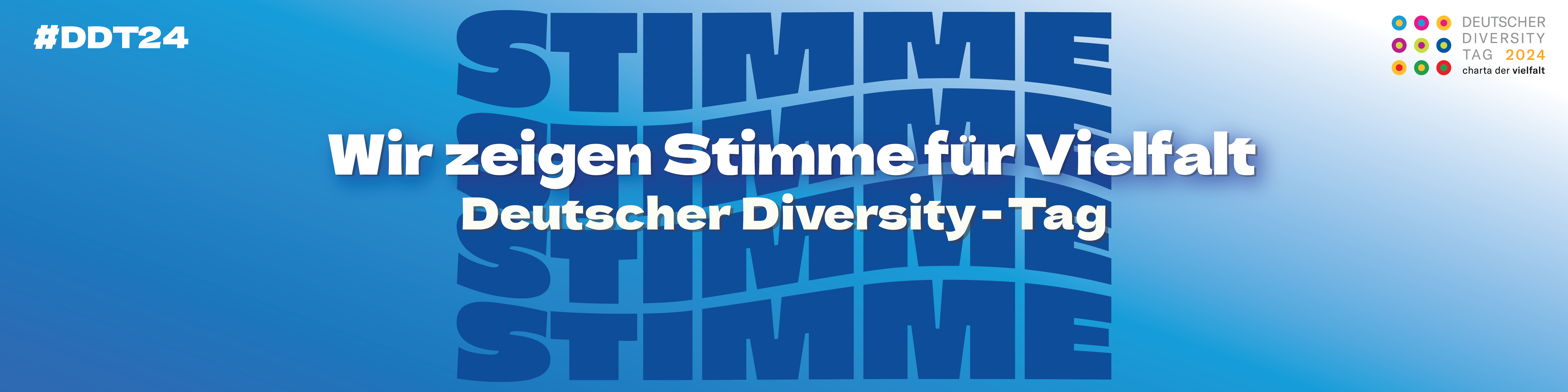 Blauer Header des Diversity-Tags mit der Aufschrift "Wir zeigen Stimme für Vielfalt"